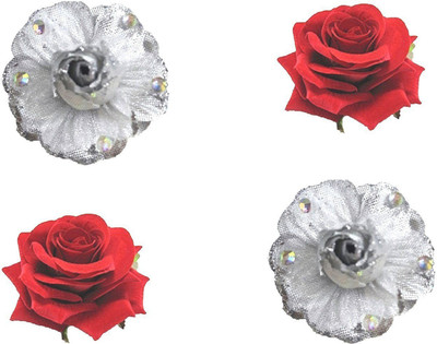 

nerr rose hair clips for women and girls set of 2 red rose , 2 silver flower Hair Clip(Red, Silver)