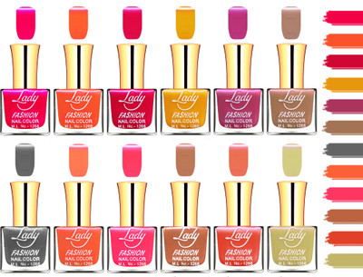 

Lady Fashion Extra Shine Long Wear Durable Nail Polish Combo (Set of 12 Nail Polishes) Pink, Red, Golden, Copper, Orange, Silver, Aquamarine, Bright Pink, Mettalic Grey, Purple, Baby Pink, Silky Orange(Pack of 12)