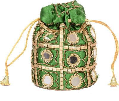 

Baisa Handmade Silk Mirror Work Potli Pouch(Green)