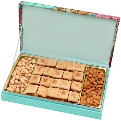 

Ghasitaram Gifts Sweets-Festive Wooden Hamper box with Baked Anjeer Bites , Almonds and Pistachios(900 g, Box)