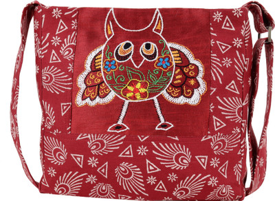 

Indha Craft Hand Block Printed and Embroidered Owl Motif Sling Bag(Maroon, 10 inch)
