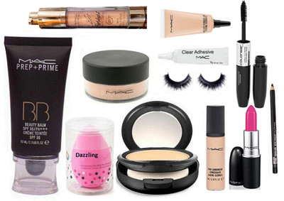 

Dazzling Sponge Puff & Mac Prep-Prime BB Beauty Balm Foundation,Studio Fix Compact,Candy Yum-yum Lipstick,Loose Powder,Pro lonwear concealer,Purl Highlighter,Select Cover-up,Pencile Kajal, Eyelashes glue,Eyelashes & ColorBar 2 in 1 Eyeliner+Mascara(Set of