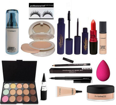 

Professional kit Eyelashes & Matchmaster Foundation & Face Compact & Padma Eyeliner & Mascara & Pro Longwear Concealer & Lady Gaga Lipstick & Select Cover-up & 15 Shade Concealer Paltte & Pencil Kaj & Pen Eyeliner & Loose Powder & Sponge Puff & Stick kaj(