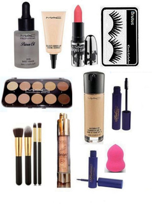 

brutus Eyelashes , Primer , Select Cover Up , Lipstick , Professional Makeup Cream Concealer 10 shade palette , Match Master Liquid Foundation , Brush , Mascara , Eyeliner , Highlighter , Sponge Puff(Set of 11)