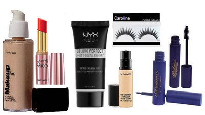 

caroline Eyelashes & Mac Padma eyeliner and mascara , pro longwear concealer, makeup pro long wear spf 30 foundation, NYX studio perfect photo loving primer& Lakme 9to5 Primer-Matte Lipstick(Set of 7)