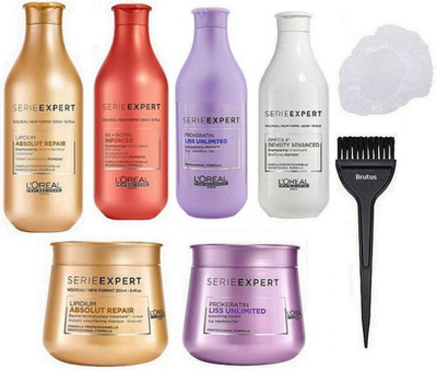 

brutus Hair Brush&Shower Cap,loreal professional Serie Expert Lipidium Absolut Repair Shampoo+Masque,Pro-Keratin Liss Unlimited Shampoo+Masque,Znpt+Citric Instant Clear Shampoo, B6+ Biotin Inforcer Strengthening Anti-Breakage Shampoo(Set of 8)