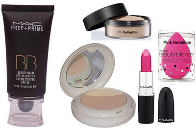 

Pink Rebellion Sponge Puff , Mac Beaty Balm Foundation & Colorbar Compact & Loose Powder & Candy Yum Yum Lipstick(Set of 5)