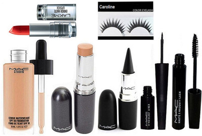 

caroline Eyelashes, Mac Liquid Last Eyeliner and Mascara, Stick K, Studio Water Weight Spf 30 Foundation, Stick Concealer & Lakme Enrich Matte Lipstick(Set of 7)