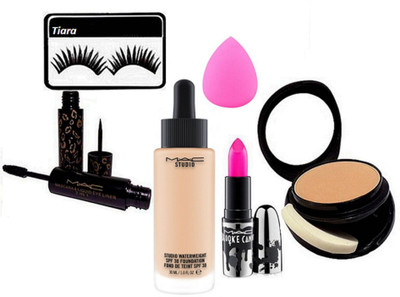 

tiara Eyelashes , Two Way Compact , Studio Waterweight Foundation , Brook Candy Pink Lipstick , 2 in 1 Eyeliner And Mascara , Sponge Puff(Set of 6)