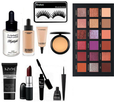 

brutus Eyelashes, Mac Highlighter , Studio Waterweight Liquid Foundation , Select Cover Up, Compact, NYX Primer, Lipstick, Mascara, Eyeliner, Huda Beauty Desert Dusk Eyeshadow Palette(Set of 10)