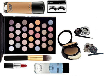 

brutus Eyelashes, Mac 32 Multi Color Eyeshadow Palette, Matchmaster Liquid Foundation, Hello kitty Two Way Eyeliner, Two way Eyeliner, Matte Finish Lipstick, Bobbi Brown Instant Long Wear Makeup Remover, Brush(Set of 8)