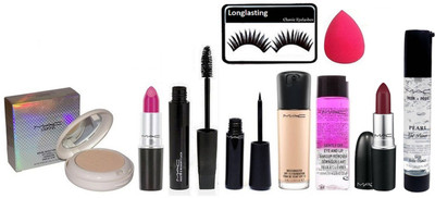 

longlasting Eyelashes , Lightful Face Powder Compact , 2 Lipstick , Haute & Naughty Mascara , Eyeliner , Matchmaster Foundation , Makeup Remover , Pearl Primer , Spongy Puff(Set of 10)