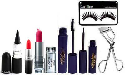 

caroline Eyelashes , Enrich Lipstick , Matte Finish orange Lipstick , Padma Eyeliner And Mascara , Eyelashes Curler , Stick Kaj.(Set of 7)
