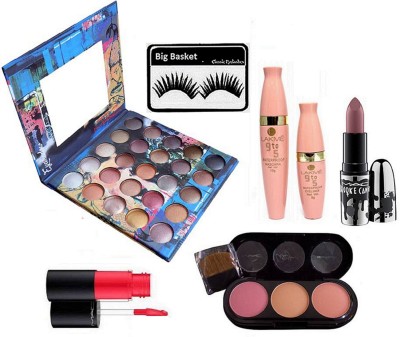 

big basket Eyelashes & 25 Shade Eyeshadow Stylish Palette of mac , 3 Shade Blusher Compact, Folly Pink Shade Lipgloss & Brooke Candy Lipstick, 9 To 5 Eyeliner & Mascara(Set of 7)