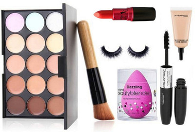 

DAZZLING Sponge Puff, Mac 15 Shade ConcealerPalette,Ladya Gaga Lipstick,Colorbar2 in 1 Eyeliner+Mascara,Brush, Eyelashes(Set of 7)