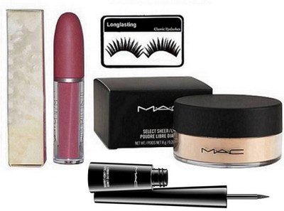 

Longlasting Eyelashes, Loose Powder Face Compact,Giabmattista valii Lipgloss,Liquid Last Eyeliner(Set of 4)