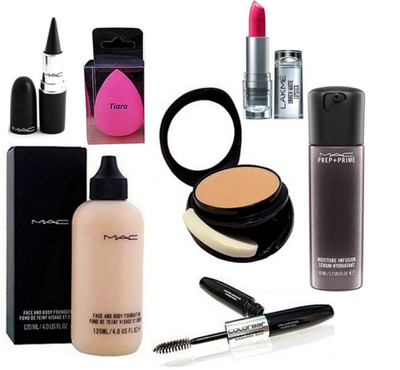 

tiara Spong Puff, face & body foundation , Two way Compact , Color bar Eyeliner And Mascara , Lakme Enrich lipstick , Stick Kaj. , Prep+Prime face Serum(Set of 7)