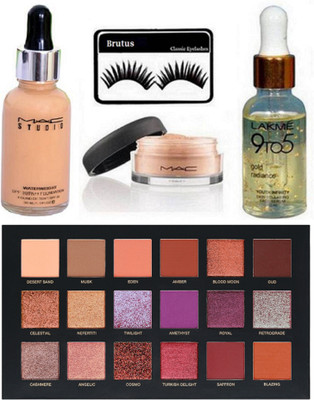 

brutus Eyelashes, Mac Studio waterweight Foundation, losse Powder, 9to5 face Serum, Huda Beauty Desert Dusk Eyeshadow Palette(Set of 5)