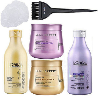 

big Basket Hair Brush & Shower Cap, L'oreal SerieExpert Absolut Repair Lipidium Hair Shampoo With Masque & Liss Unlimited Hair Shampoo With Masque(Set of 6)