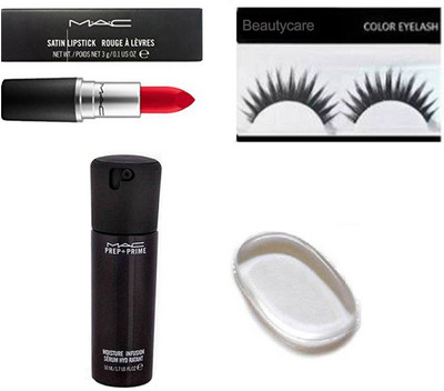 

beautycare combo set of prep+prime black serum red lipstick eyelashes silicon puff(Set of 4)