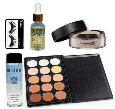 

eska Eyelashes, Mac 15 shades Concealer Palette,Loose Powder & Bobbi Brown Instant Longwear Makeup Remover, 9to5 Face Serum(Set of 5)