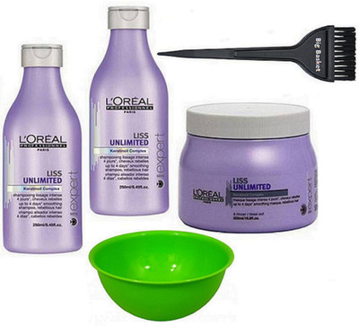 

big basket Hair brush ,Bowl & L'Oreal Professionnel Liss Unlimited Shampoo ( set of 2) & Liss Unlimited Hair Spa(Set of 5)