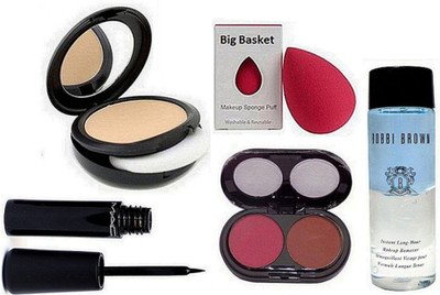 

big Basket Sponge Puff & Mac Studio Fix Compact, 2 Shades Blusher, Liquid Eyeliner, Bobbi Brown Instant Long Wear Makeup Remover(Set of 5)