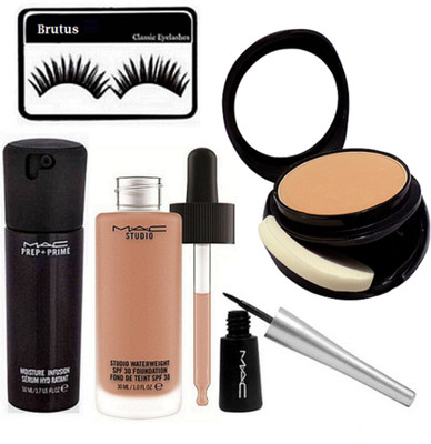 

Brutus Eyelashes, Mac Studio Waterweight Spf 30, Liquid Eyeliner, Prep+Prime Face Serum, Two Way Compact(Set of 5)