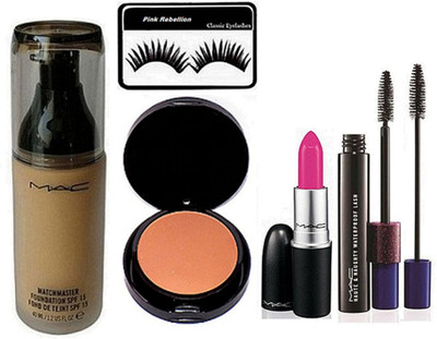 

Pink Rebellion Eyelashes, Mac Matchmaster Foundation, Two Way Compact , matte Finish lipstick , Haute & Naughty Mascara(Set of 5)