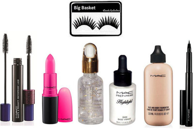 

big basket Eyelashes & Mac Face and Body Foundation with Candy yumyum Lipstick,Haute & Naughty Mascara,Highlighter,Smoothing Perfecting Radiance Face Primer Gel,Pan Liner(Set of 7)