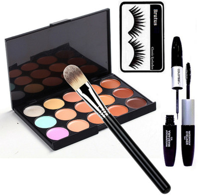 

BRUTUS Eyelashes, Mac 15 shades Concealer Palette, Makeup Brush, Colorbar 2in1 Mascara & Eyeliner(Set of 4)