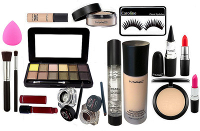 

caroline Eyelashes , Sponge puff , Studio Fix Compact , Matchmaster Foundation , Pearl Gel Primer , Matte finish (In Any Color) Lipstick , Loose Powder , Pro long Wear Concealer , Hello Kitty Eyeliner , Stick Kaj. , Makeup Brush Set of 2 , Liptensity Lips
