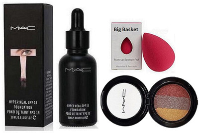 

big Basket Sponge Puff & Mac Hyper Real Foundation, 3 Shades Eyeshadow(Set of 3)