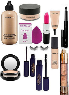 

DAZZLING Sponge Puff & Face And Body Foundation & Mac Compact & Padma Eyeliner & Mascara & Eyelashes & Pink Lipstick & Loose Powder & Pro Longwear Concealer & Select Cover-Up & Highlighter & Pen Eyeliner(Set of 12)