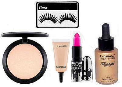 

tiara Eyelashes , Prep+Prime Highligter , Studio Fix Compact , brook candy pink Lipstick , Select Cover up Concealer(Set of 5)