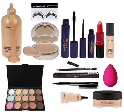 

Professional kit Eyelashes & Face And Body Foundation & Face Compact & Padma Eyeliner & Mascara & Pro Longwear Concealer & Lady Gaga Lipstick & Select Cover-up & 15 Shade Concealer Paltte & Pencil Kaj & Pen Eyeliner & Loose Powder & Sponge Puff(Set of 13)