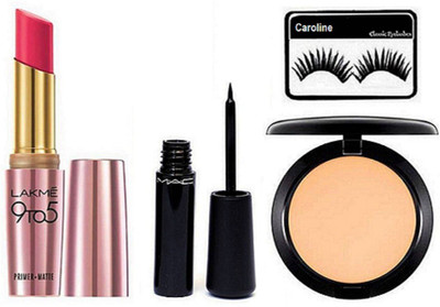

caroline Eyelashes & Lakme 9 to 5 Primer+Matte Lipstick Pink Perfect, Mac Liquid Last Eyeliner& Studio Fix Compact(Set of 4)