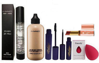 

Fancify Sponge Puff,MAC Face & Body Make-Up Foundation, Prep + Prime Pearl Gel Primer, Padma Liquid eyeliner& mascara,9to5 Matte Lipstick(Set of 6)