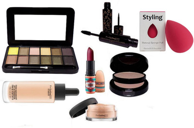 

styling Sponge Puff & Mac Studio Water weight Foundation, Loose Powder, Pressed Powder Two Way Compact, Matte Finish Lipstick, 2 in 1 eyeliner and mascara& Mac 12 Colours Eye Shadow(Set of 7)