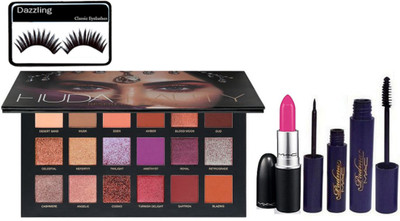 

DAZZLING Eyelashes & Huda Beauty Desert Dusk Paltte & Mac Pink Lipstick & Padma Eyeliner & Mascara(Set of 5)