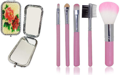 

Majik Combo of Beautiful Makeup Compact Mirror Vanity Mirror Souvenir Gifts with 5 Pcs Makeup Brushes for Makeup Diwali Gifts Items(Set of 6)