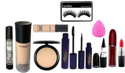 

caroline Eyelashes , Sponge puff , Padma Eyeliner And Mascara ,Studio Fix Compact , Matchmaster Foundation , Pearl Gel Primer , Pro Long Wear Concealer , Lip Gloss , Matte Finish Orange Lipstick , Stick Kaj.(Set of 10)