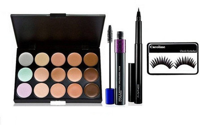 

caroline Eyelashes, Pen Eyeliner & Mascara with 15 shade Conceler pallet(Set of 4)