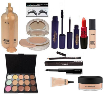 

Professional kit Eyelashes & Face And Body Foundation & Face Compact & Padma Eyeliner & Mascara & Pro Longwear Concealer & Lady Gaga Lipstick & Select Cover-up & 15 Shade Concealer Paltte & Pencil Kaj & Pen Eyeliner & Loose Powder(Set of 12)