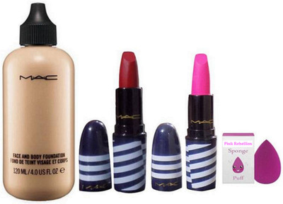 

Pink Rebellion sponge puff & face & body foundation, matte finish lipstick (pack of 2)(Set of 3)