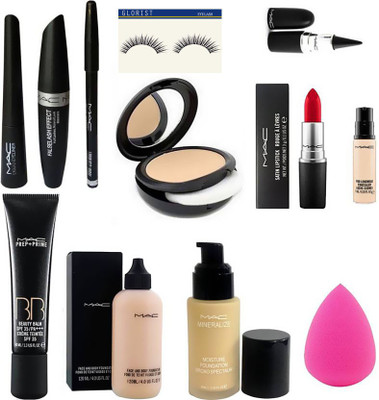 

GLORIST Combo of Mac Mac serum prep+prime, Visage prep+prime, Mac compact powder set 2, mac foundaion, mac cover-up, mac concealer, mac eyeliner,mascara, sponge puff & Eyelashes(Set of 12)
