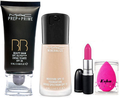 

Eska Sponge Puff & Mac Prep-Prime Beauty Balm Cream & Moisture Foundation & Candy Yum Yum Lipstick(Set of 4)
