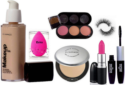 

eska Sponge Puff, Mac Makeup Pro Longwear Foundation Spf 10,Studio Prefect Compact,Candy Yum-yum Lipstick, 3 Shade Blusher & Colocbar 2 in 1 Eyeliner+Mascara,Eyelashes(Set of 7)