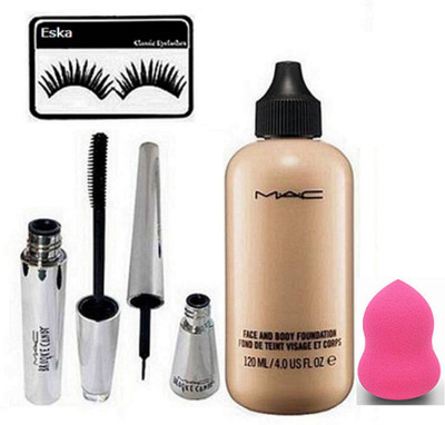 

eska Eyelashes, Mac Face & body Foundation, Brooke Candy Eyeliner & Mascara, Sponge puff(Set of 5)