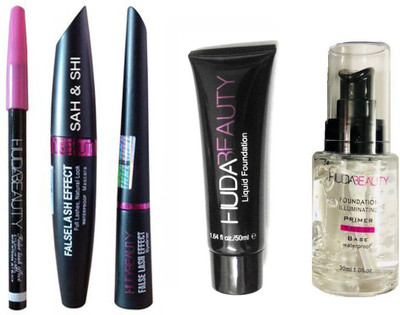 

Sah&Shi Mascara & Huda Liquid Eyeliner & Eyebrow Pencil (Set of 3) With Huda Matte Foundation & Transparent Primer(Set of 3)